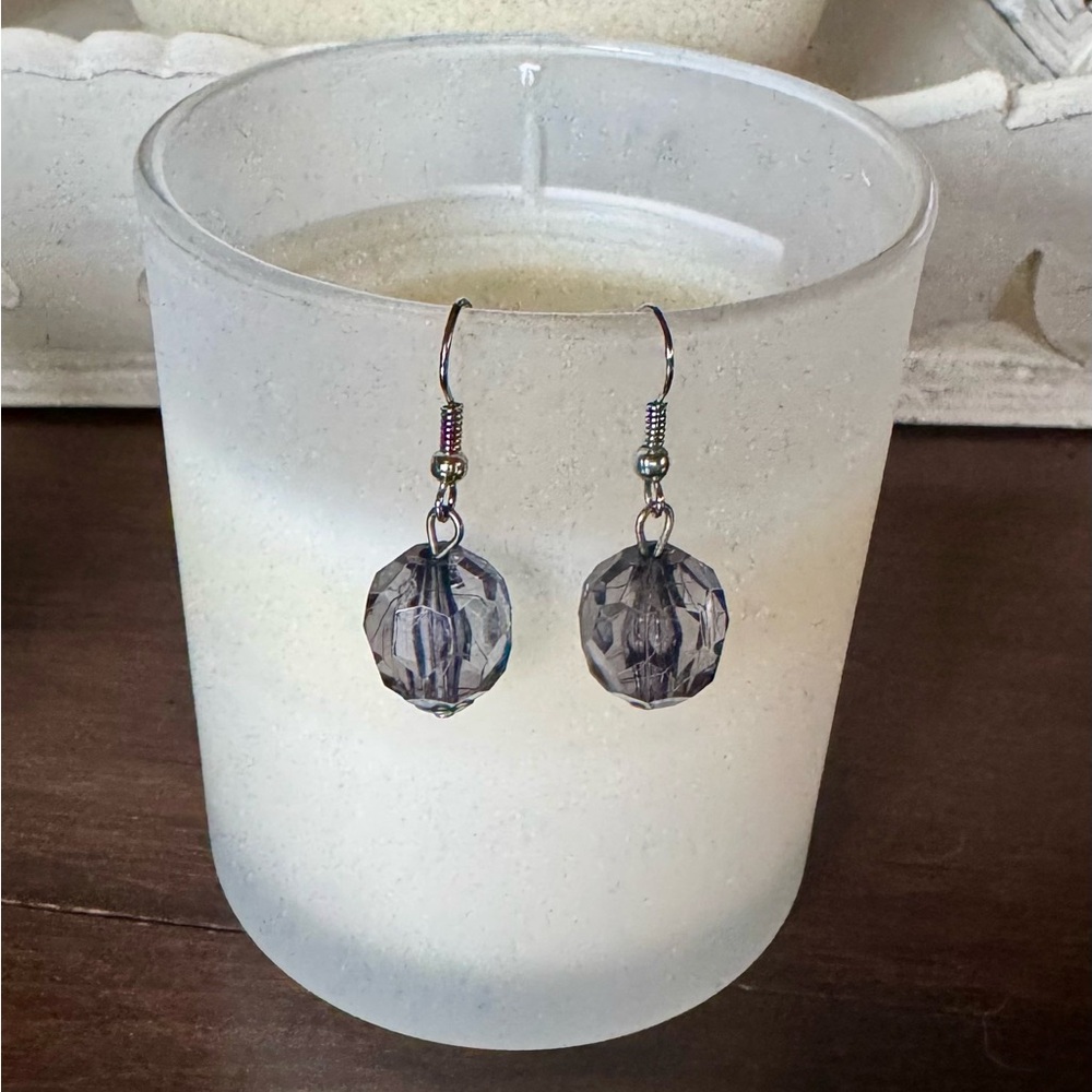 Silver Tone Faceted Charcoal Gray Crystal Bead Dangle Drop Earrings